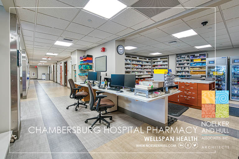 pharmacy desk, chairs, hallway